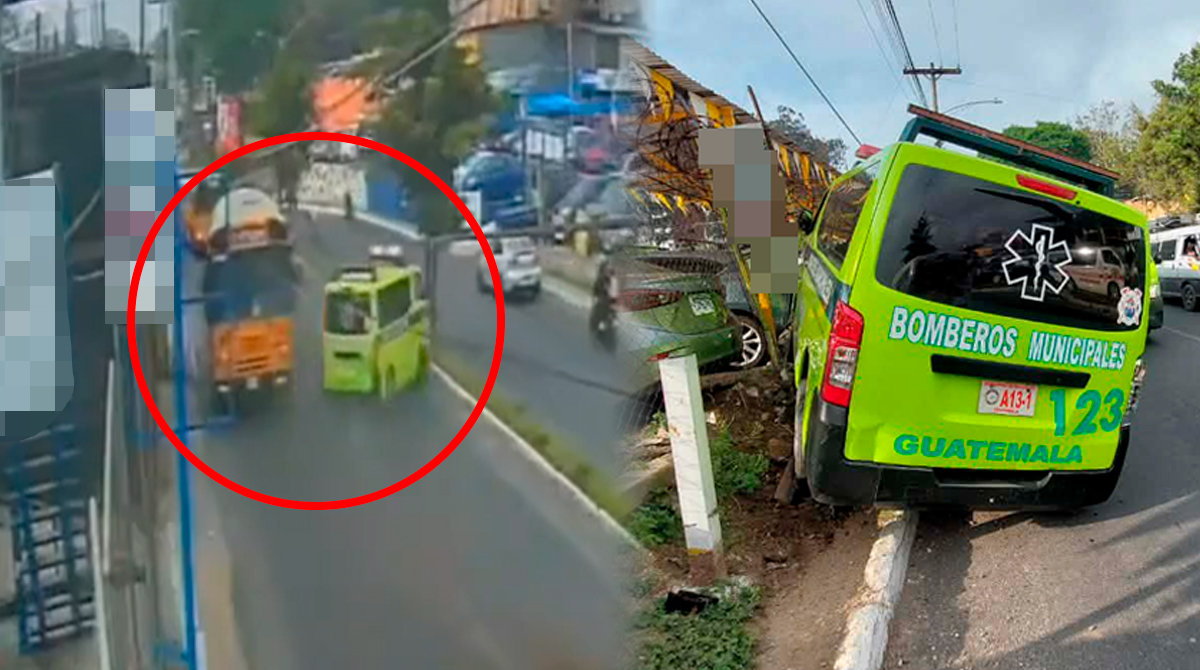 Piloto de ambulancia evita choque contra autobús y termina accidentado en Mixco